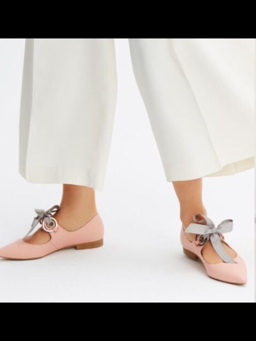 Women's Pink Pointed-Toe Bow Mary Jane Flats with Silver Ring Detail